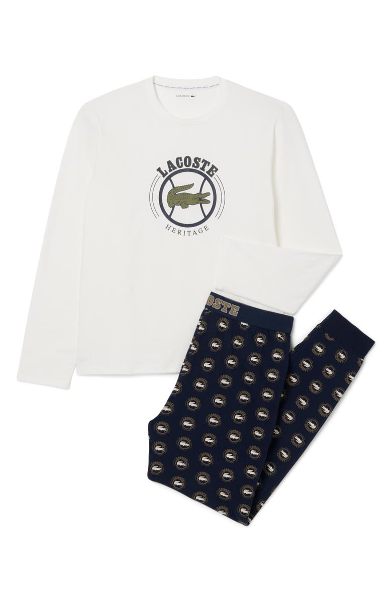 Lacoste Cotton Pajamas, Alternate, color, Flour/ Navy Blue