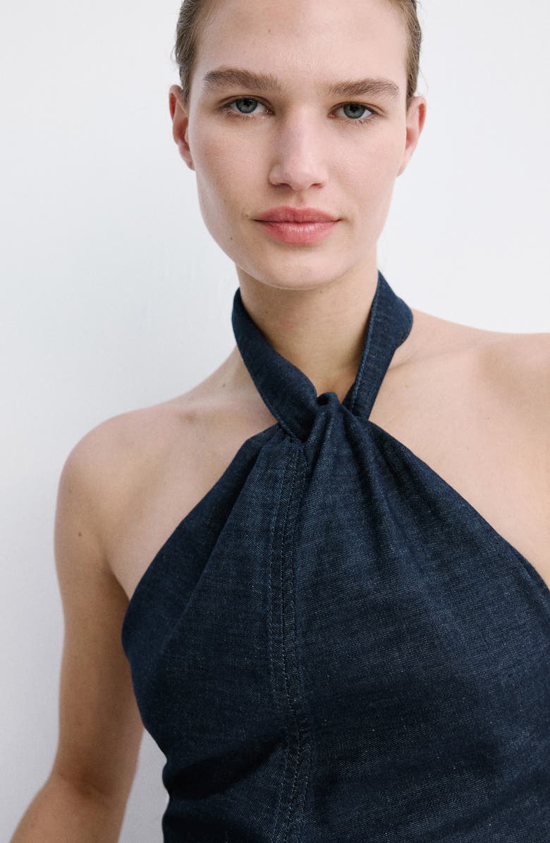 MANGO Cotton & Linen Denim Crop Halter Top, Alternate, color, 