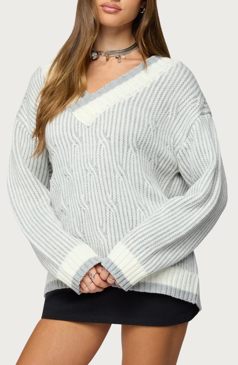 EDIKTED Lila Oversize Stripe Trim V-Neck Cable Sweater, Alternate, color, Gray-Melange