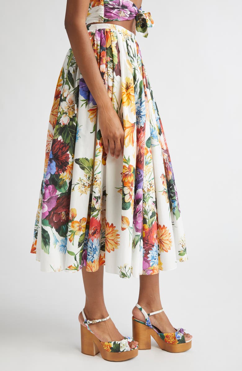 Dolce&Gabbana Floral Print Pleated Cotton Poplin A-Line Midi Skirt, Alternate, color, Ha5pc B.fiori Cret. F.bco