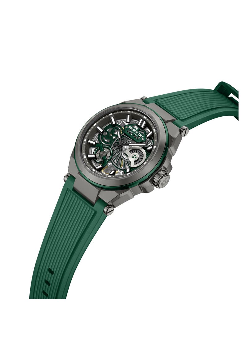 Skeleton Black Automatic Silicon Strap Watch, 42mm, Alternate, color, GREEN