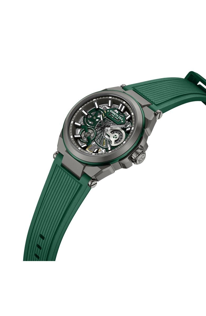 Kenneth Cole New York Skeleton Black Automatic Silicon Strap Watch, 42mm, Alternate, color, Green