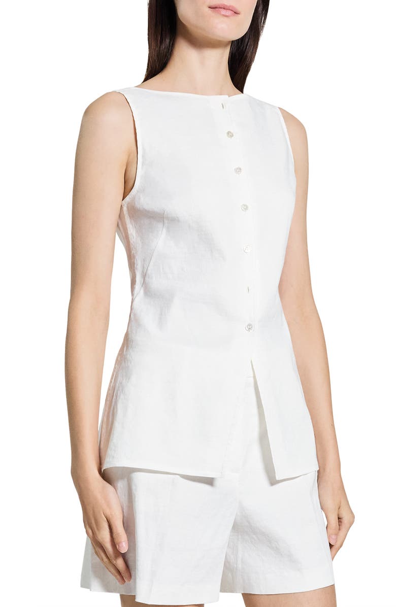 Theory Boatneck Sleeveless Linen Blend Button-Up Shirt, Alternate, color, White