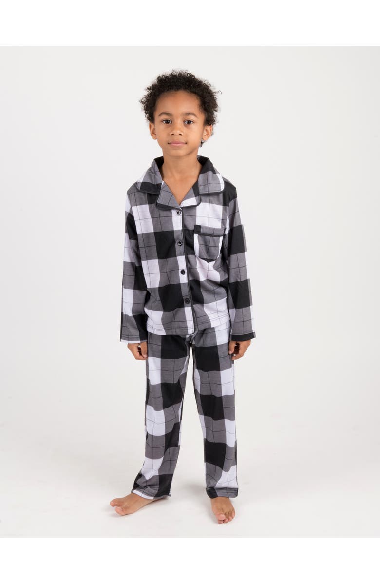 Leveret Kids Button-Front Flannel Printed Holiday Pajama Set, Alternate, color, Plaid Black & White