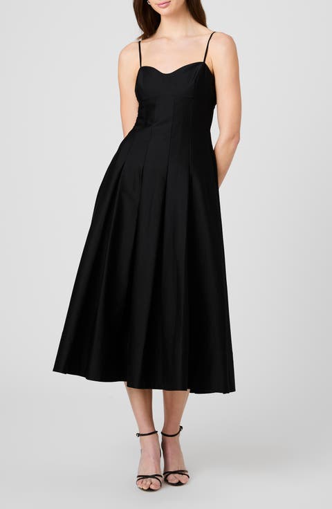 Pleated Stretch Cotton Sateen Midi Dress