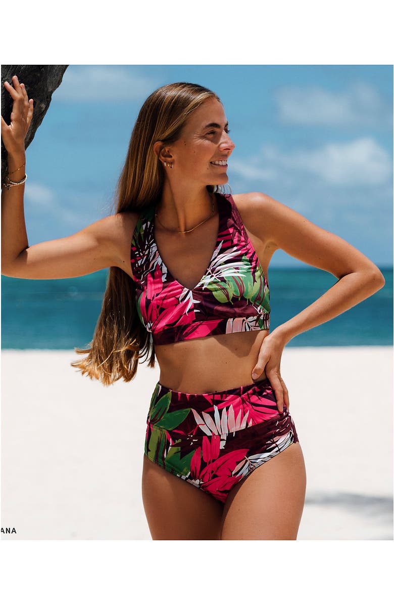 Lands' End Chlorine Resistant V-neck Midkini Swimsuit Top and High Leg High Waisted Bottoms 2 Piece Set, Alternate, color, Dark Wine Multi Tropical Palm