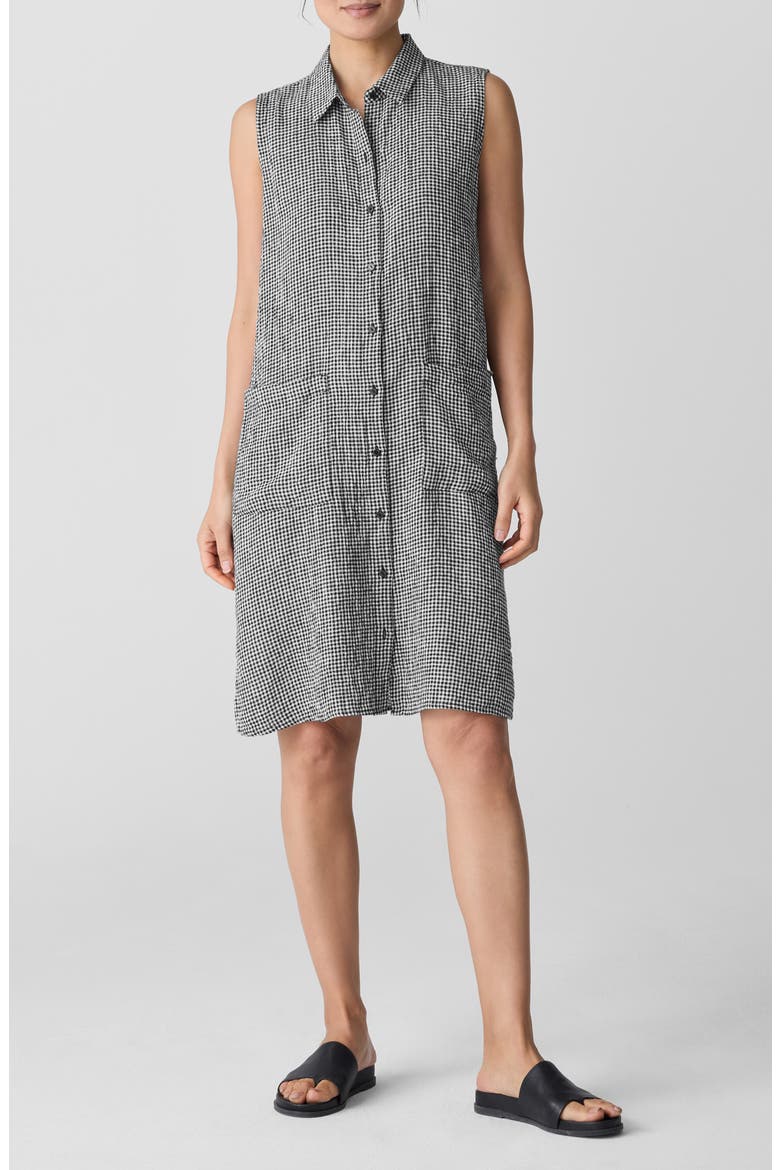 Gingham Sleeveless Organic Linen Shift Dress, Main, color, BLKWH