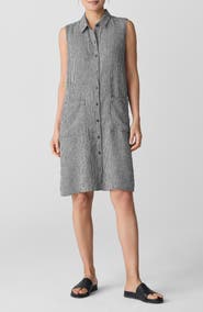 Eileen Fisher Gingham Sleeveless Organic Linen Shift Dress