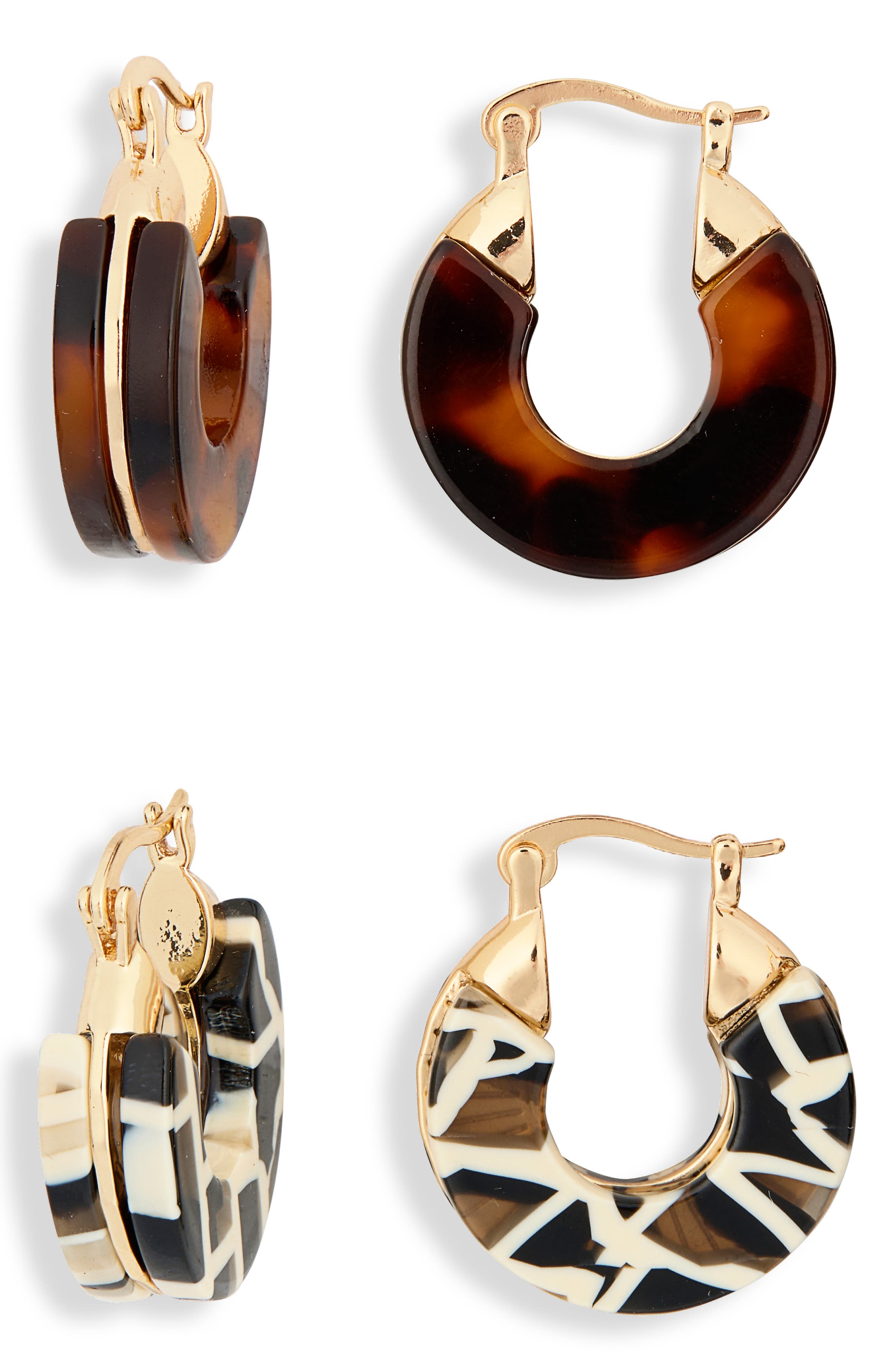 Tasha Set Of 2 Resin Huggie Hoop Earrings In Black-ivory-brown