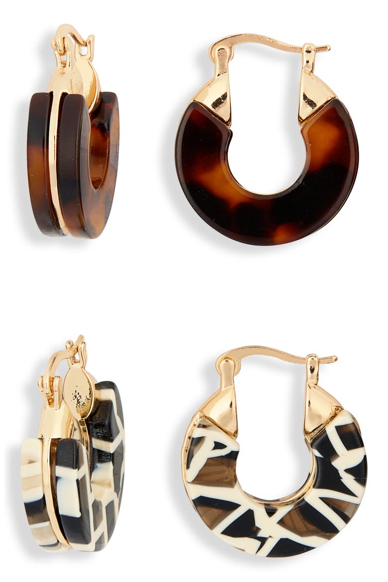 Set of 2 Resin Huggie Hoop Earrings, Main, color, BLACK-IVORY-BROWN