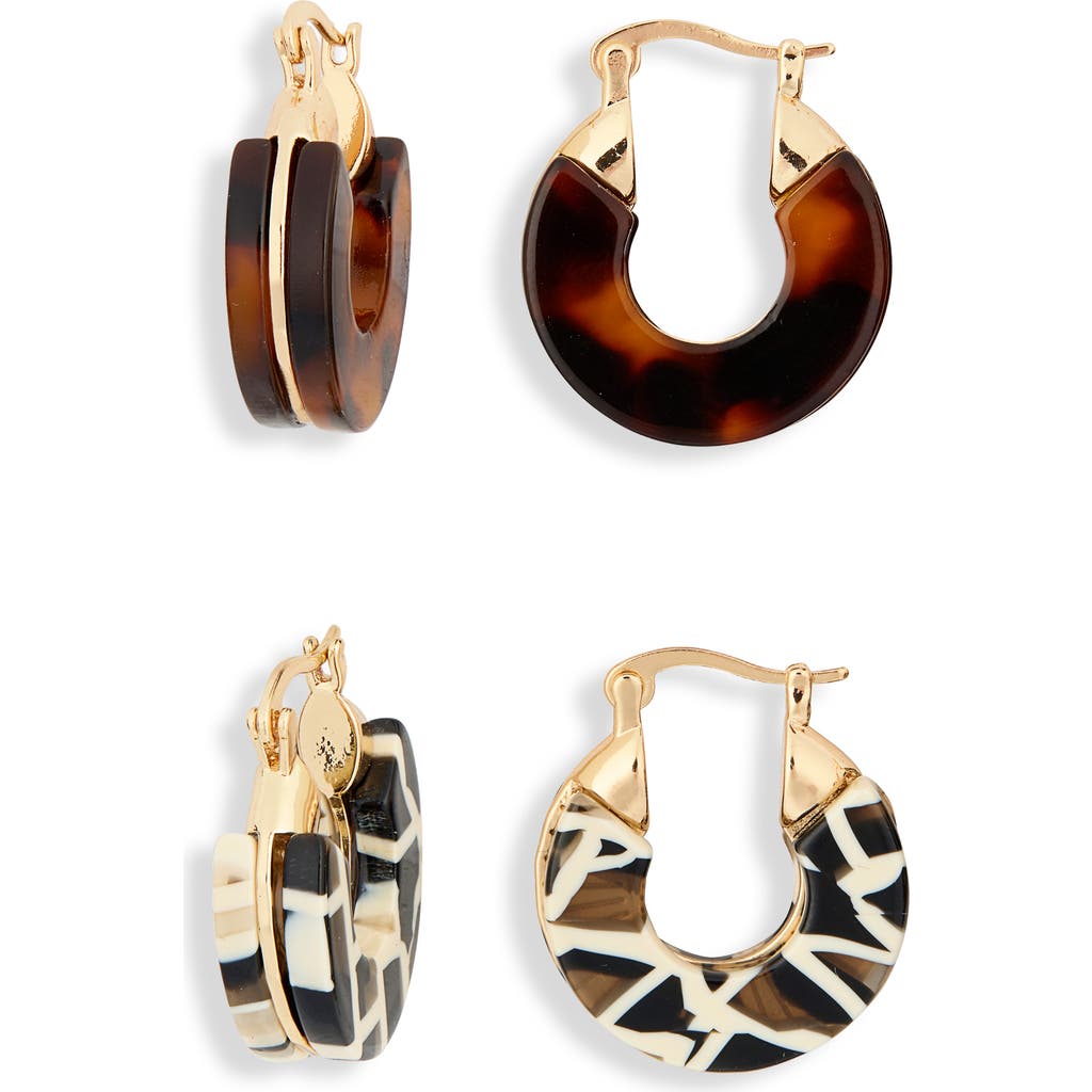 Tasha Set Of 2 Resin Huggie Hoop Earrings In Black-ivory-brown