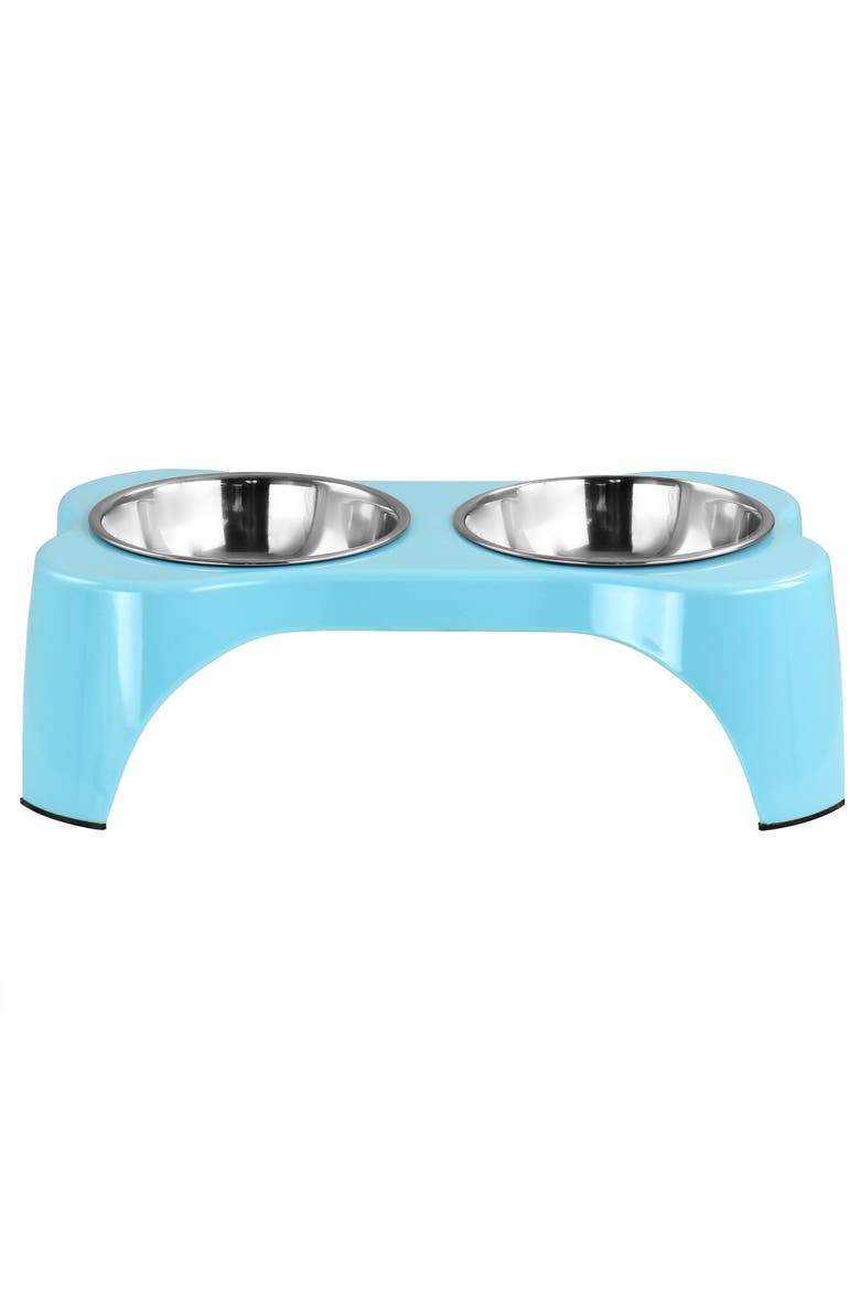 Bow Wow Meow 3 Piece Elevated Pet Bowl Dinner Set, Main, color, Teal