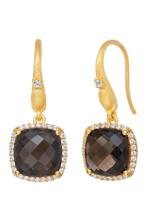 Gold Plated Sterling Silver Smoky Quartz & Simulated Diamond Drop Earrings