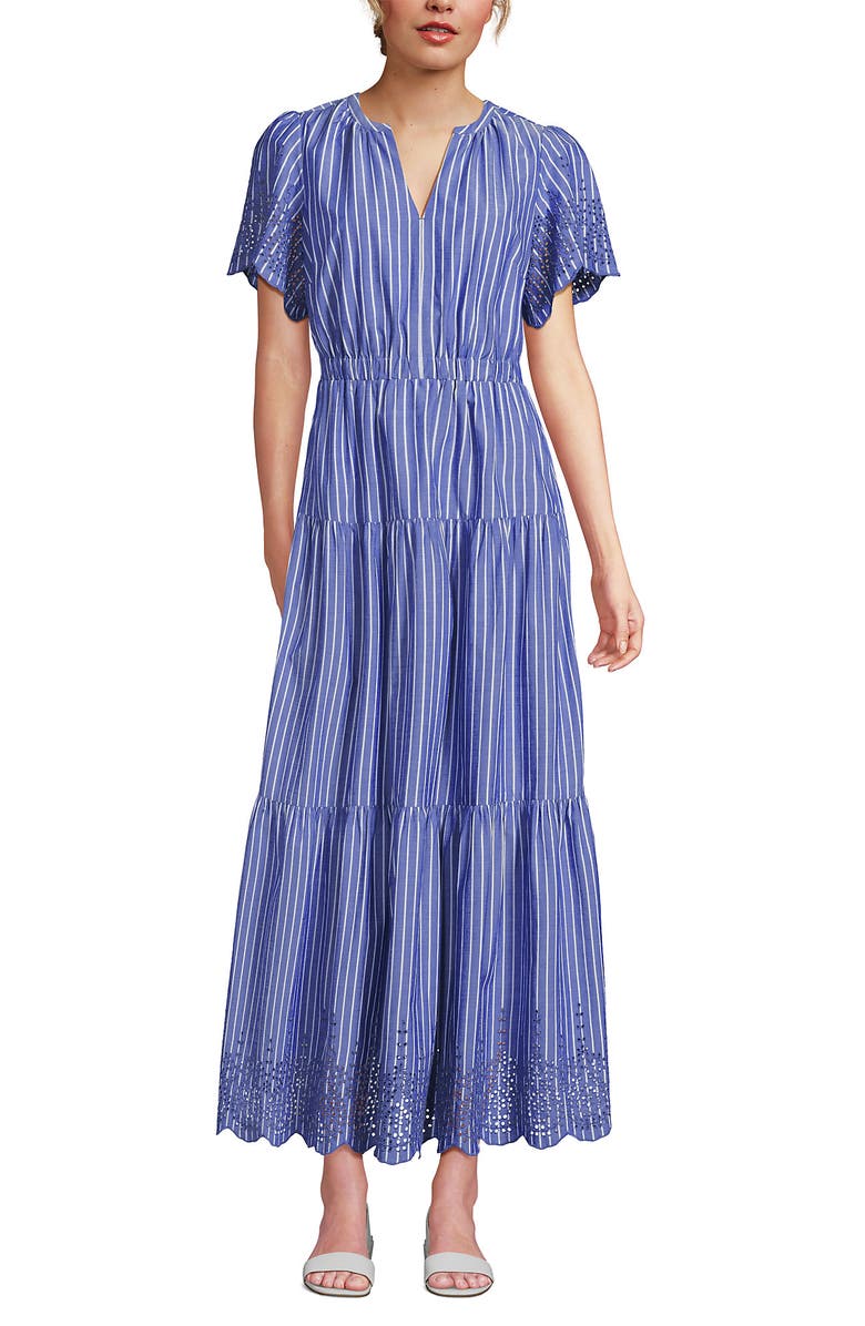 Lands' End Tiered Cotton Poplin Embroidered Maxi Dress, Main, color, Sapphire Gem Stripe Eyelet