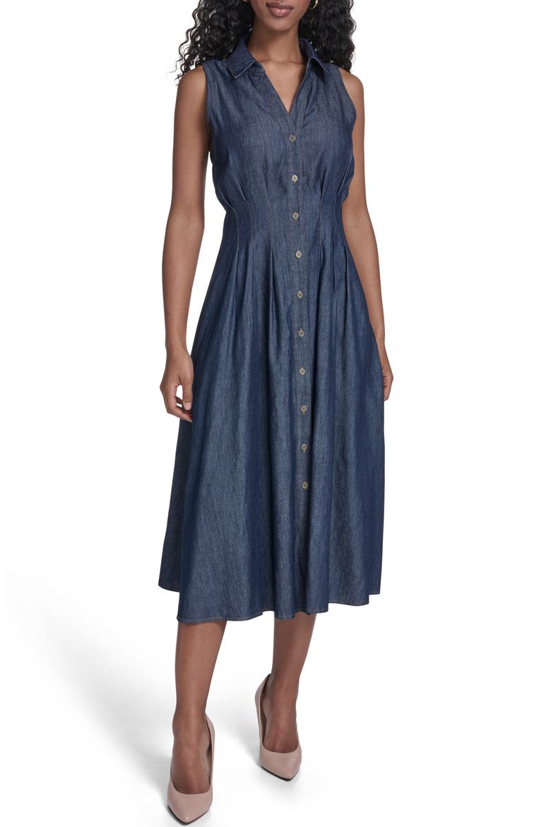 Sleeveless Cotton Blend Chambray Shirtdress, Main, color, DARK WASH