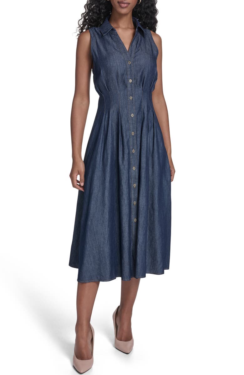 Tommy Hilfiger Sleeveless Cotton Blend Chambray Shirtdress, Main, color, Dark Wash
