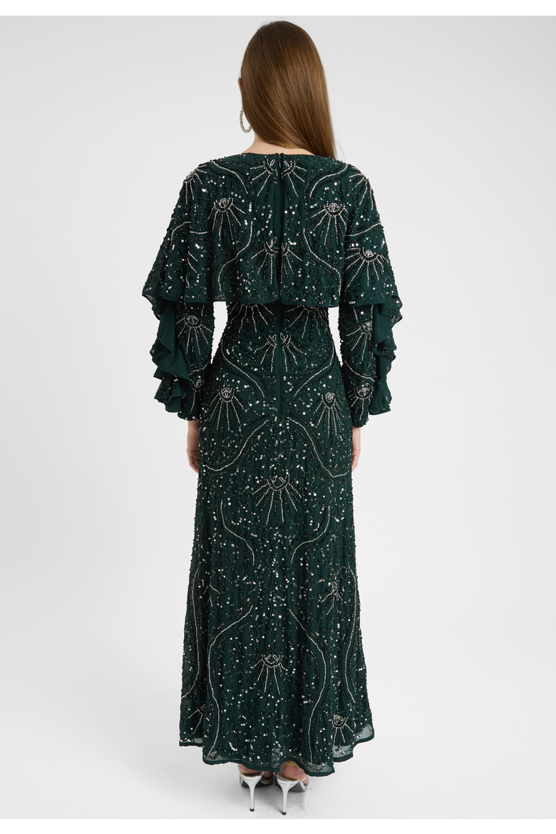 Modest Embellished Sequin Beaded Dress Maxi With Cape Style Top, Alternate, color, EMERALD GREEN