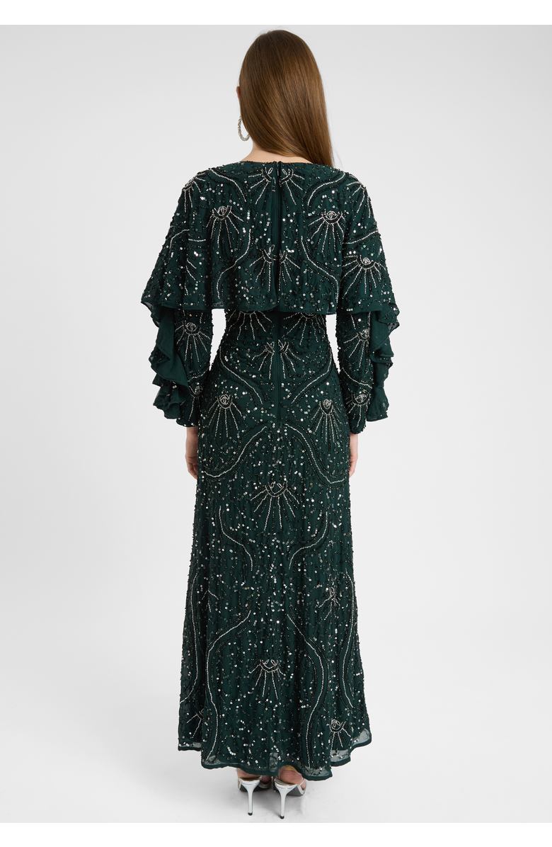 MARYISA Modest Embellished Sequin Beaded Dress Maxi With Cape Style Top, Alternate, color, Emerald Green