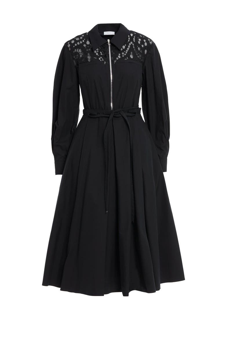 Shirt Collar Zippered Black Midi Dress, Main, color, Black