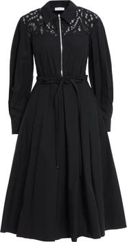 Gizia Shirt Collar Zippered Black Midi Dress