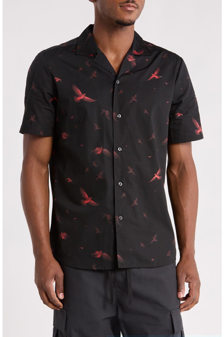 Ellino Bird Print Camp Shirt, Main, color, BLACK
