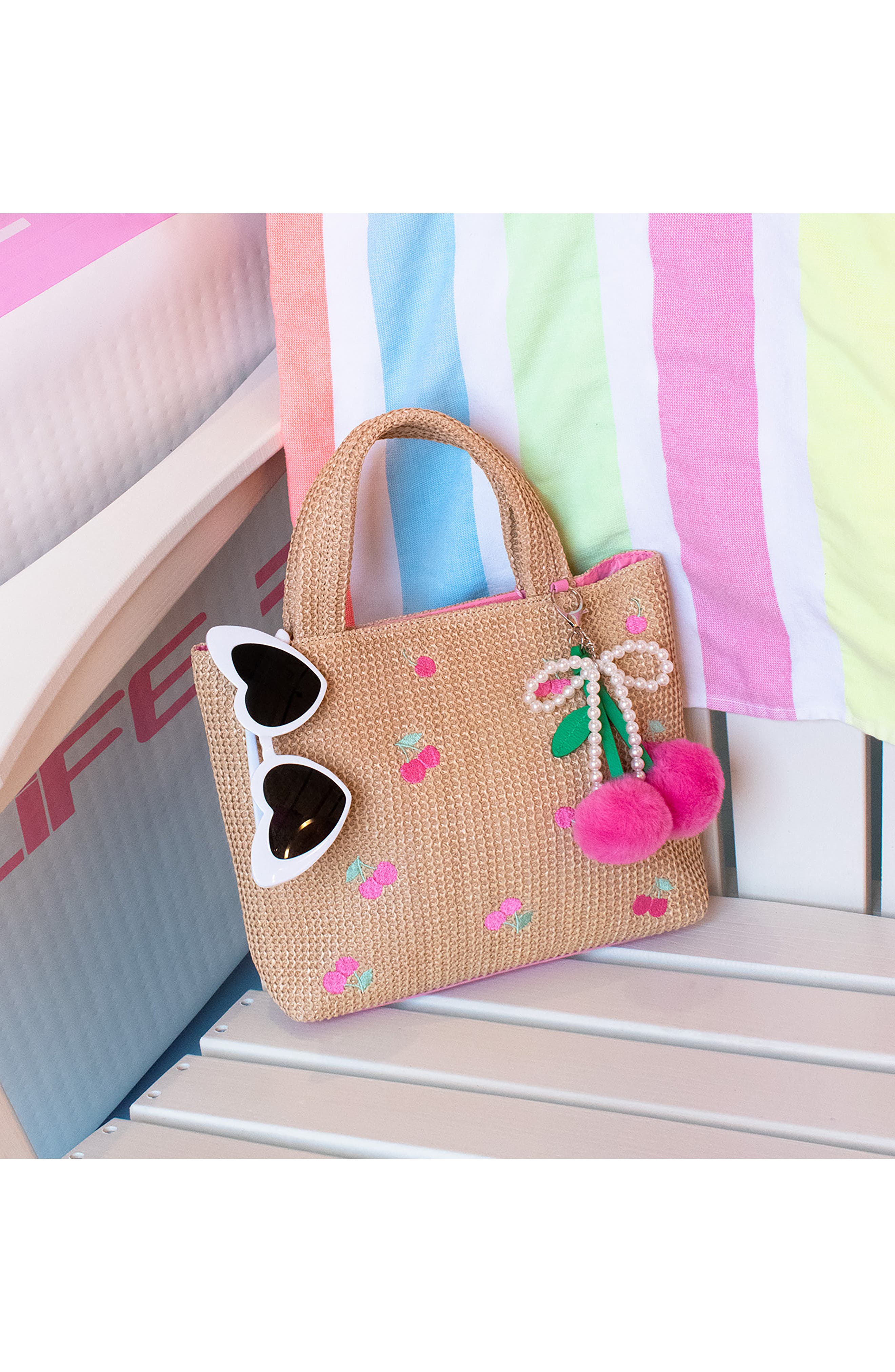 OMG Accessories Embroidered Cherry Straw Tote, Alternate, color, Beige/ Peony Pink