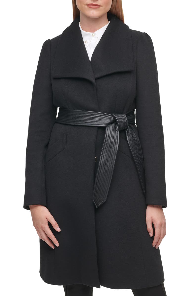 KARL LAGERFELD PARIS Puff Sleeve Belted Coat, Main, color, Black