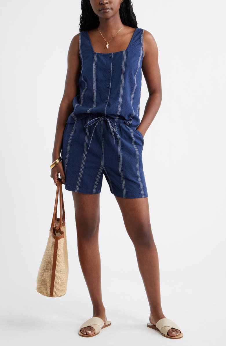 Caslon<sup>®</sup> Cotton Blend Dobby Pull-On Shorts, Alternate, color, Navy- Ivory Stripe