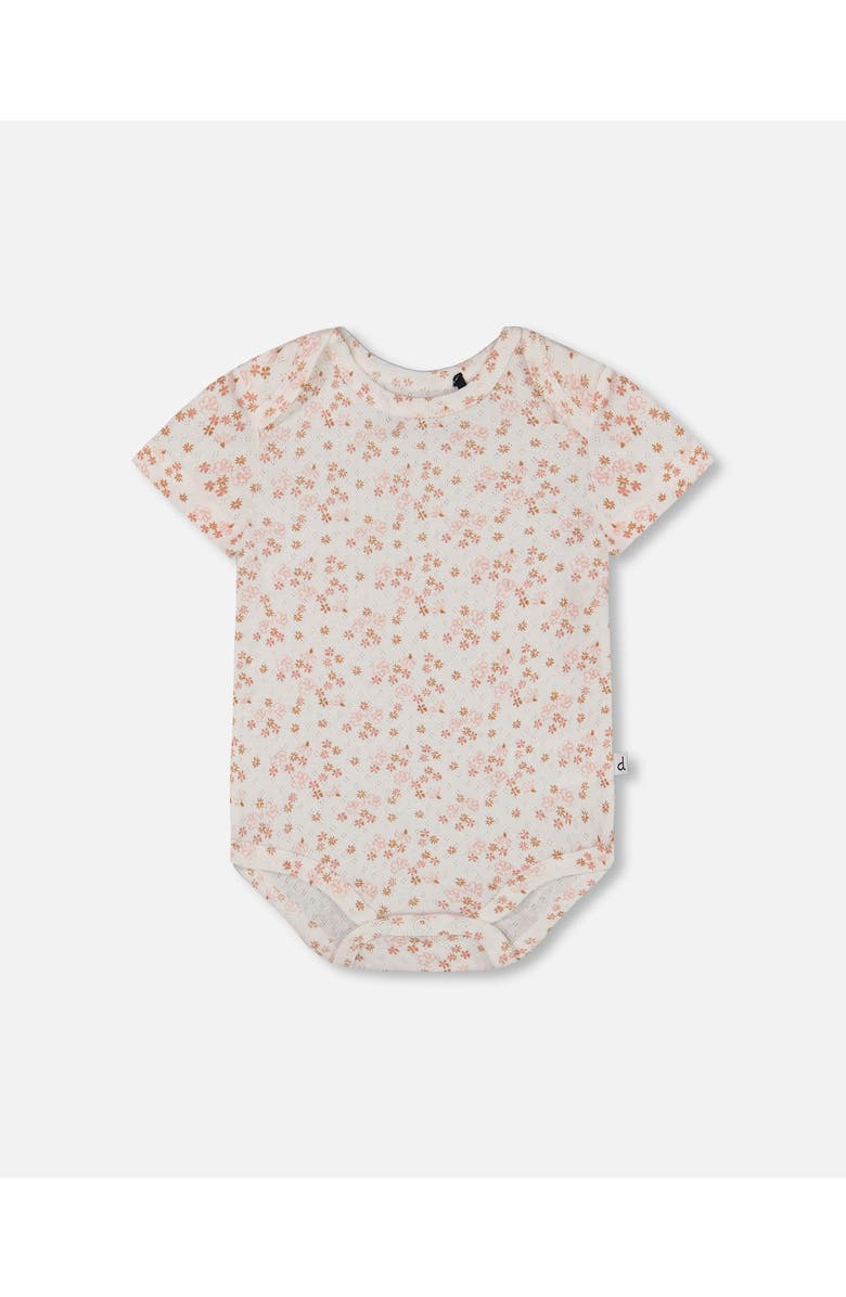Deux par Deux Baby Girl's Organic Cotton Pointelle Bodysuit Printed White And Pink Flowers, Main, color, 