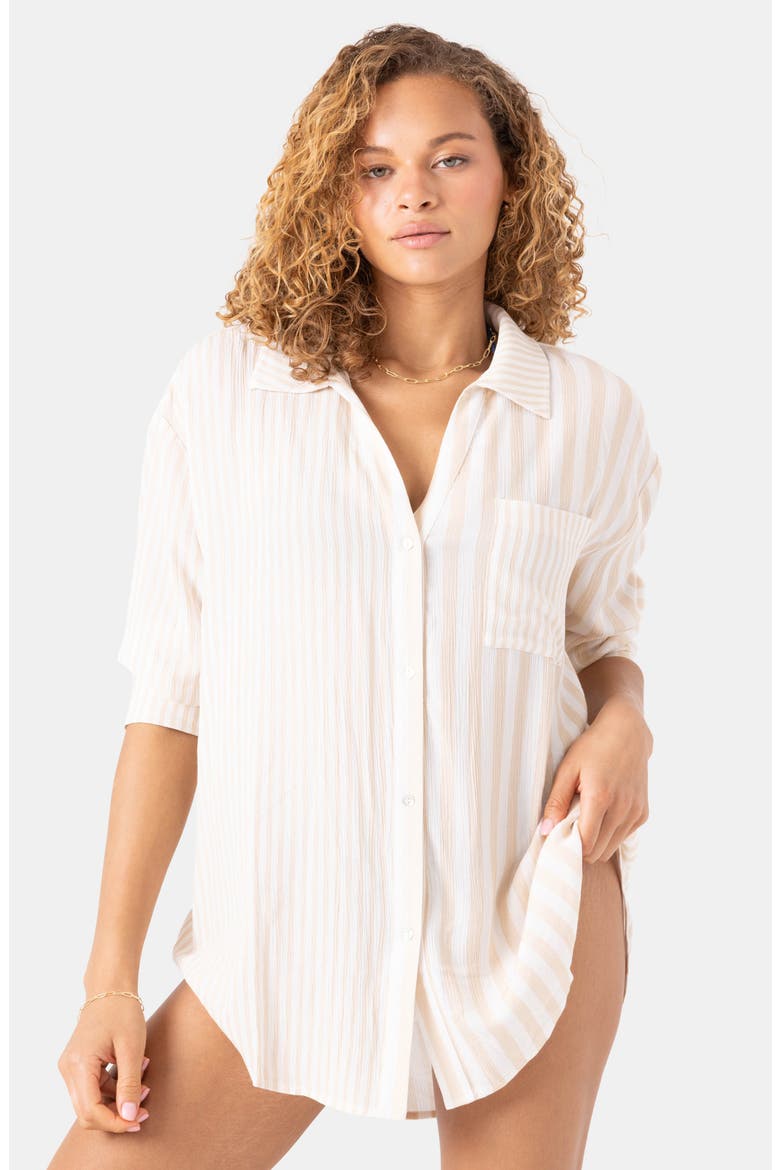 Stripe Out Oversize Cover-Up Button-Up Shirt, Alternate, color, EGRET