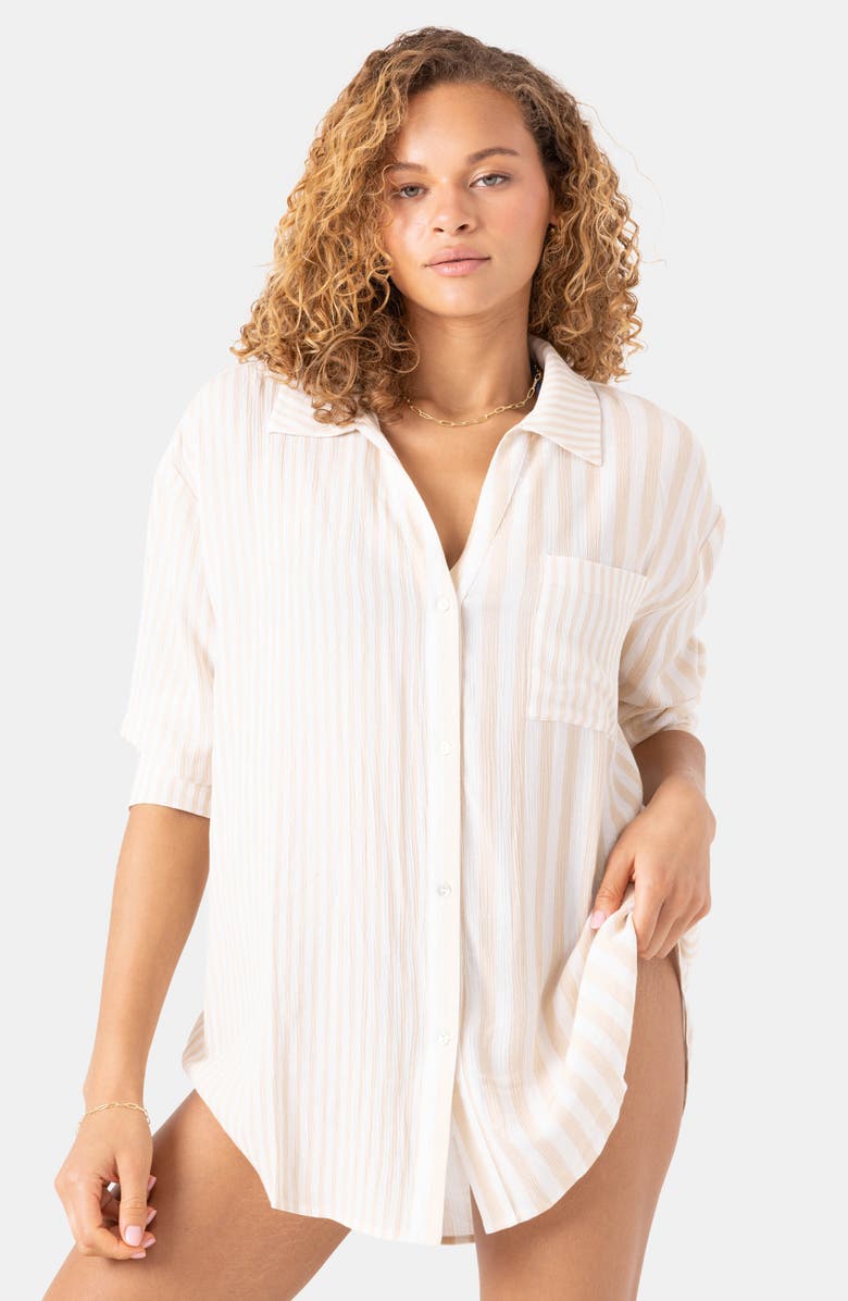 Roxy Stripe Out Oversize Cover-Up Button-Up Shirt, Alternate, color, Egret