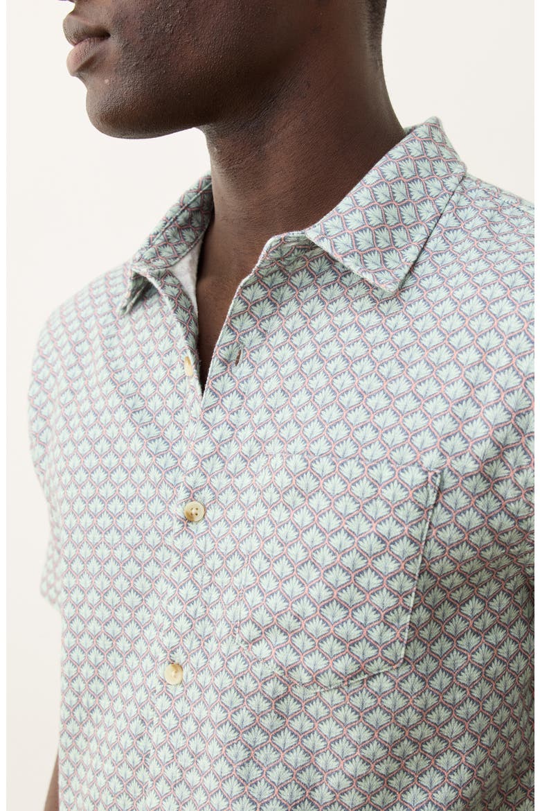 Classic Leaf Print Short Sleeve Stretch Cotton Selvage Button-Up Shirt, Alternate, color, AQUA AGAVE PRINT