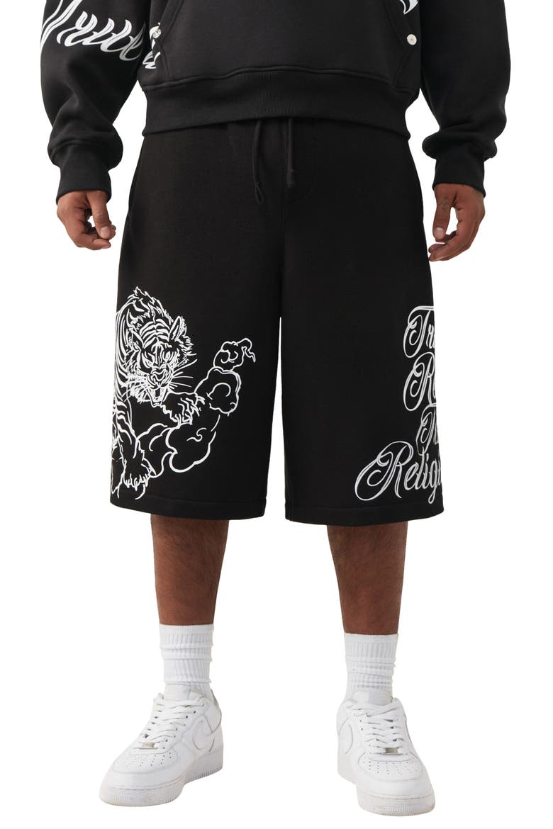 Tiger Script Drawstring Fleece Shorts, Main, color, JET BLACK