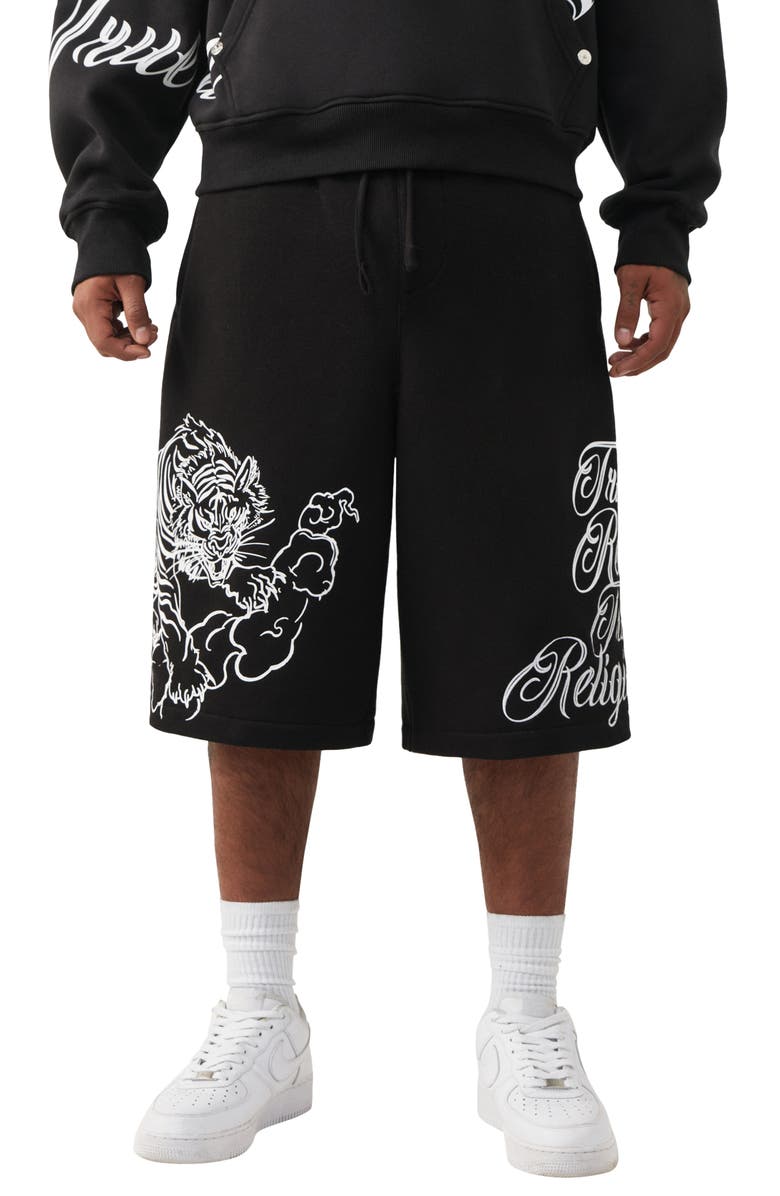 True Religion Tiger Script Drawstring Fleece Shorts, Main, color, Jet Black