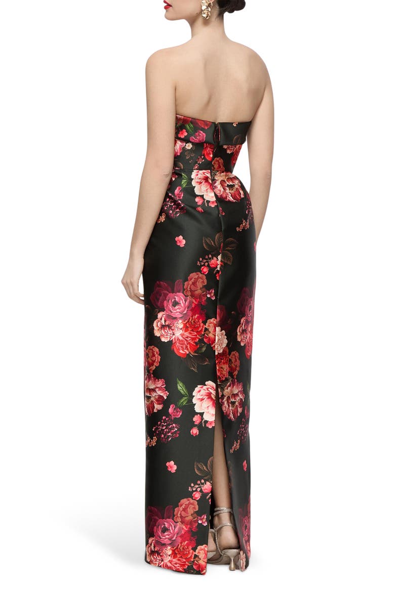 Maye Floral Strapless Satin Column Gown, Alternate, color, WINE BLACK MULTI