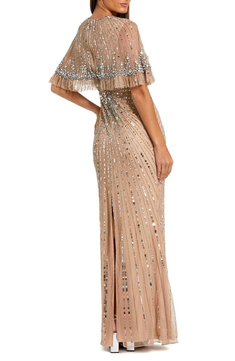 Mac Duggal Beaded Mesh Fitted Capelet Gown, Alternate, color, Nude Silver