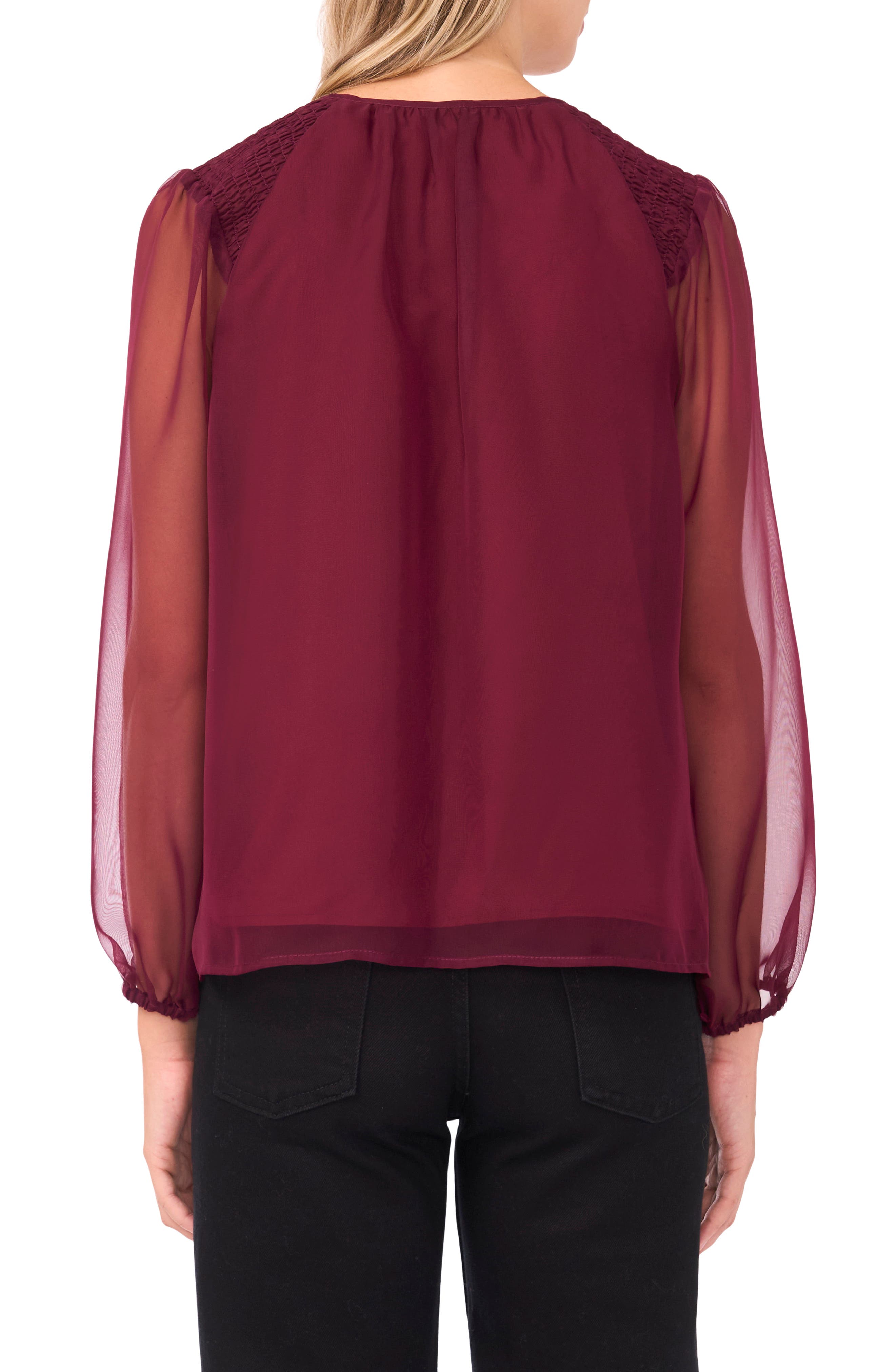 Sheer Sleeve Tie Neck Top - image 2