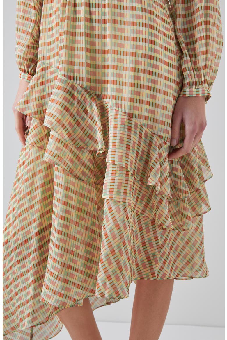 Bea Print Ruffle Asymmetric Long Sleeve Silk Midi Dress, Alternate, color, ROSE