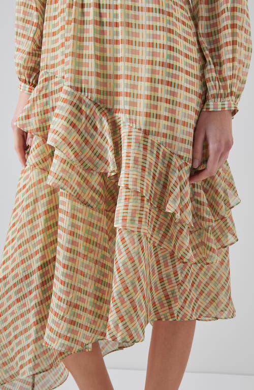 Lk Bennett Bea Print Ruffle Asymmetric Long Sleeve Silk Midi Dress In Pink