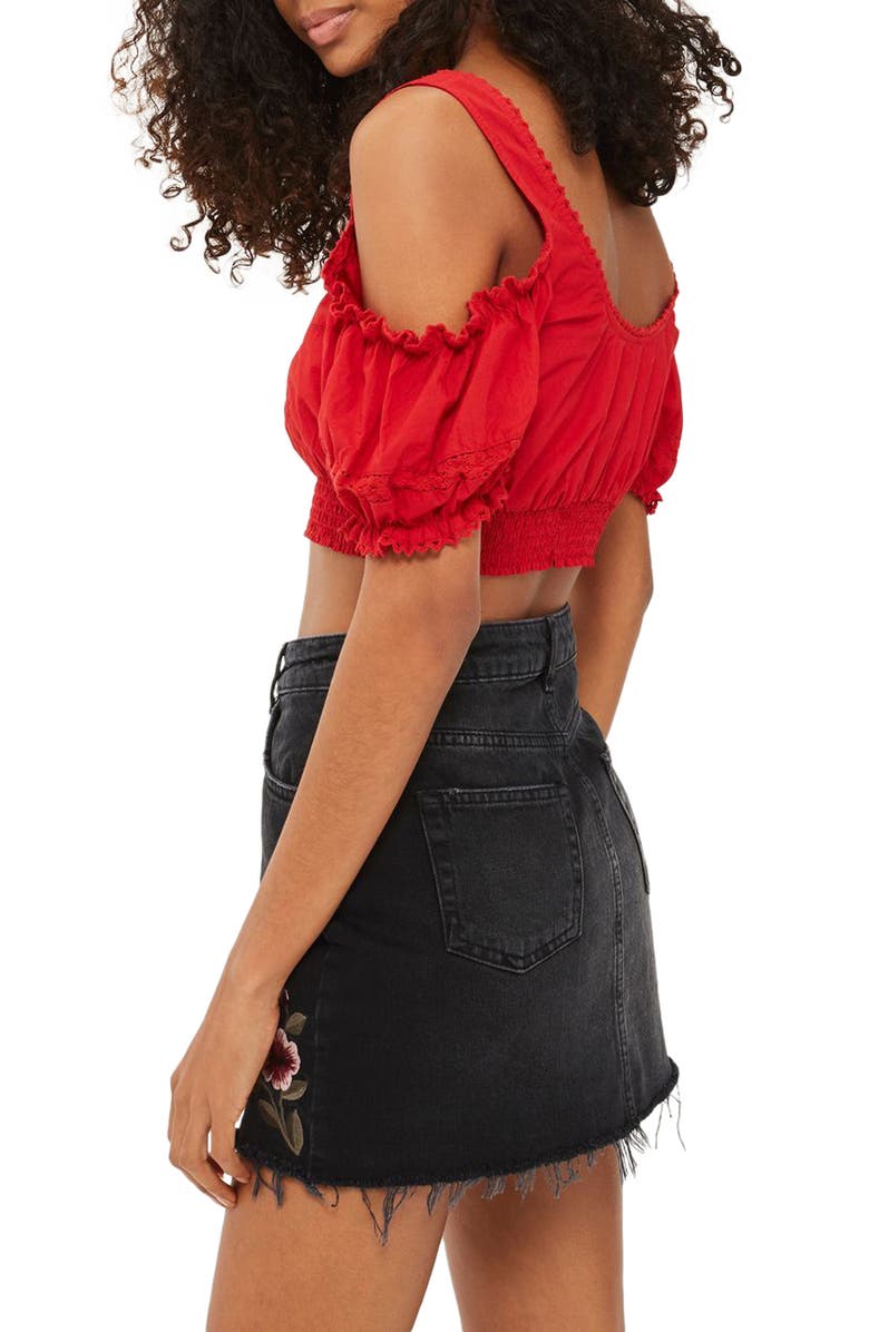 Topshop Embroidered Denim Miniskirt, Alternate, color,