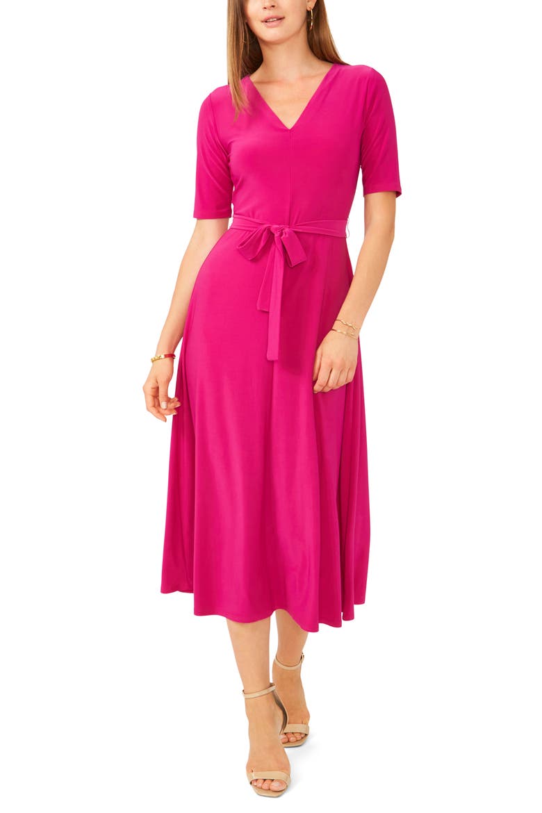 V-Neck Tie Waist Knit Dress, Main, color, BRILLIANT FUCHSIA