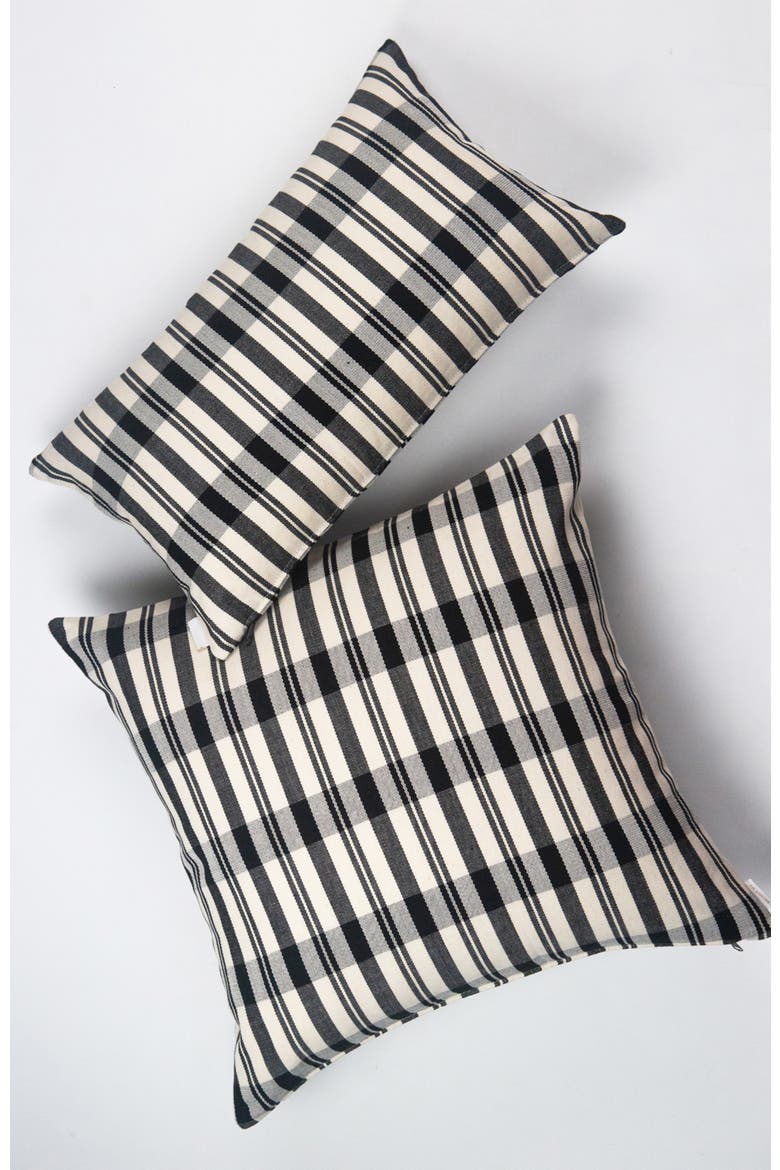 Cecilia Black and Ivory Plaid Square Handwoven Cotton Throw Pillow, Alternate, color, Black