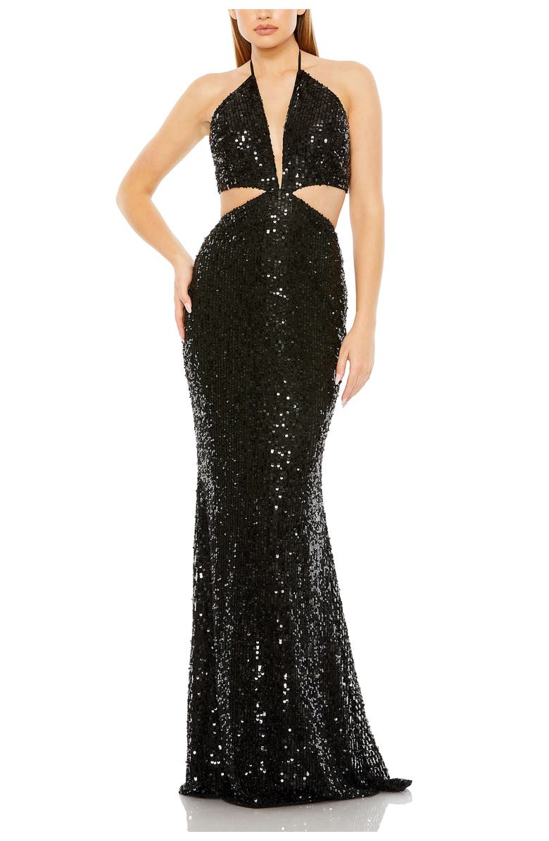 Mac Duggal Cut Out Halter Tie Back Sequin Gown, Main, color, Black