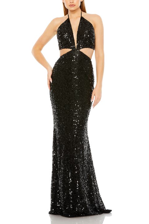 Cut Out Halter Tie Back Sequin Gown