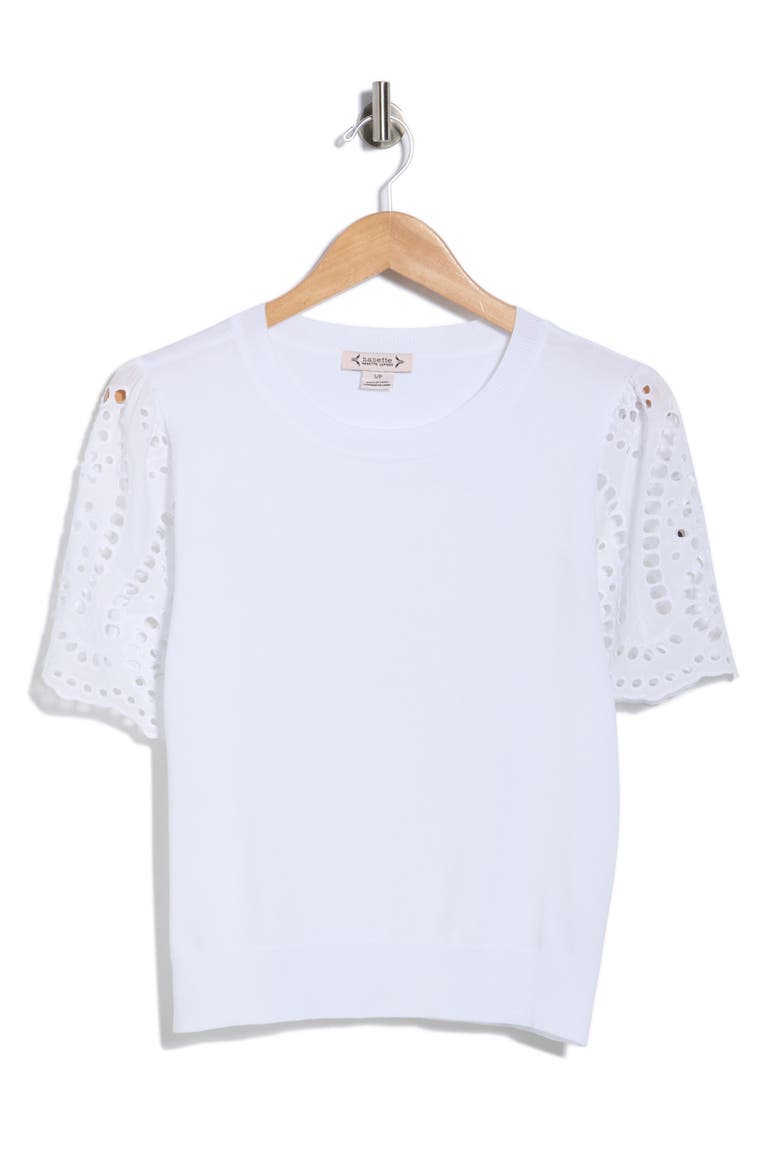 Embroidered Eyelet Short Sleeve Twofer Sweater, Alternate, color, WHITE