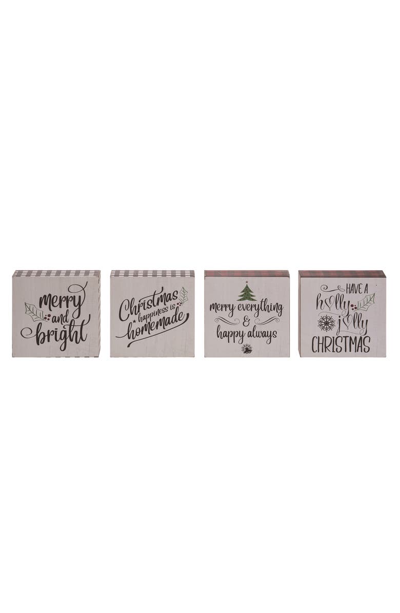 Transpac Buffalo Check Greeting Block Set of 4 Christmas Decor, Main, color, White