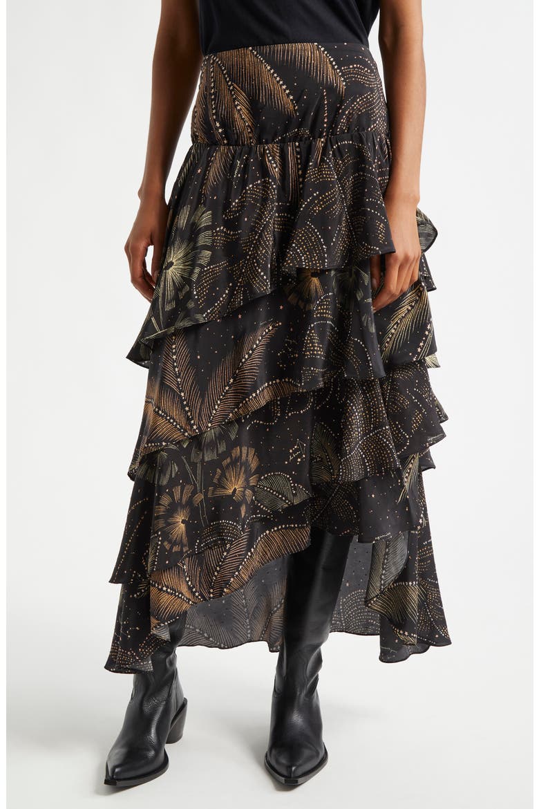 Golden Foliage Layered Ruffle Maxi Skirt, Main, color, GOLDEN FOLIAGE BLACK