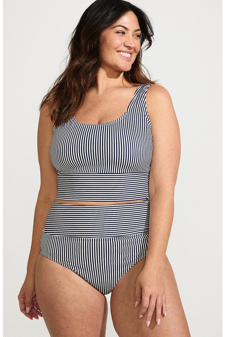 Tugless Tankini Top and High Waisted Bottom Swimsuit Set, Main, color, Deep Sea Navy Mini Stripe