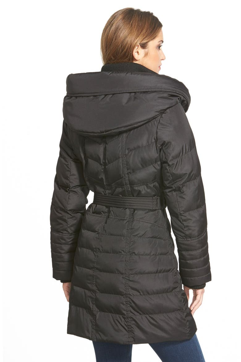 Belted Hooded Down & Feather Fill Coat, Alternate, color, BLACK