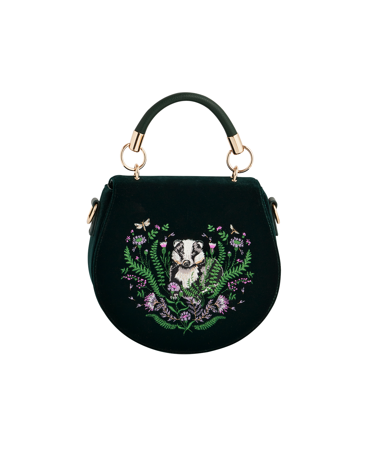 Fable England Badger Embroidered Green Top Handle Saddle Bag, Main, color, Woodland Green